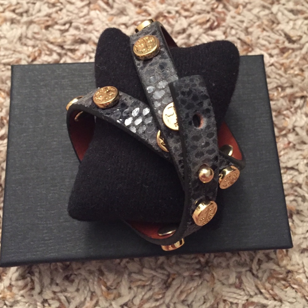 Tory Burch Black Leather Wrap Bracelet with Gold Logo Studs